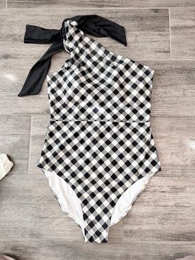 Summersalt Bow-Shoulder Ruched Sidestroke One-Piece Swimsuit Gingham Size 12
